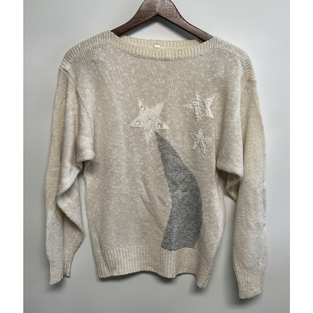 Vintage 70s Cotton Blend Knit Sweater Indie Groovy Stars Embroidered SMALL 1970s